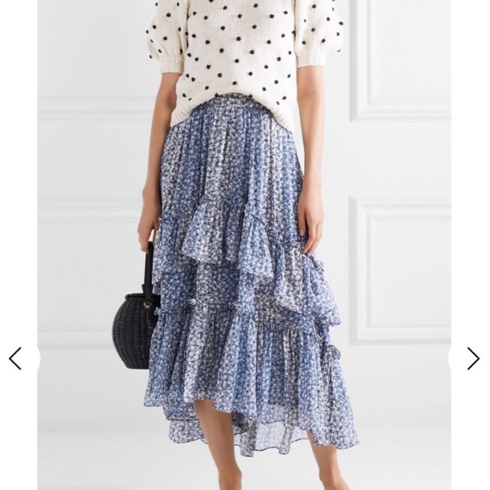 Ulla Johnson High Low Midi Silk Blend Ruffle Tier Blue Skirt size 2
